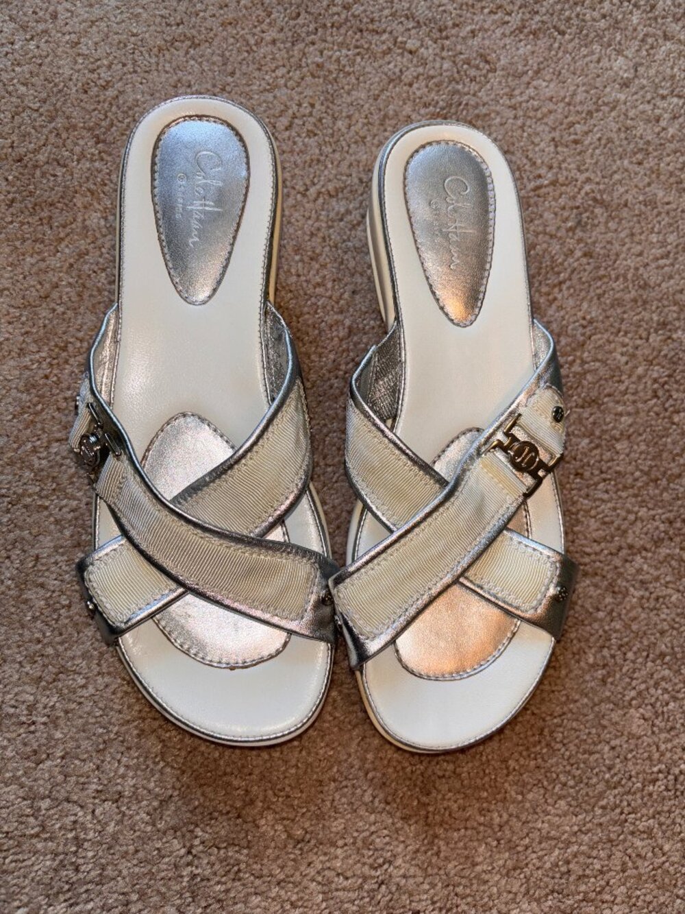 Cole Haan White and Silver Wide Strap Wedge Sandals 9
